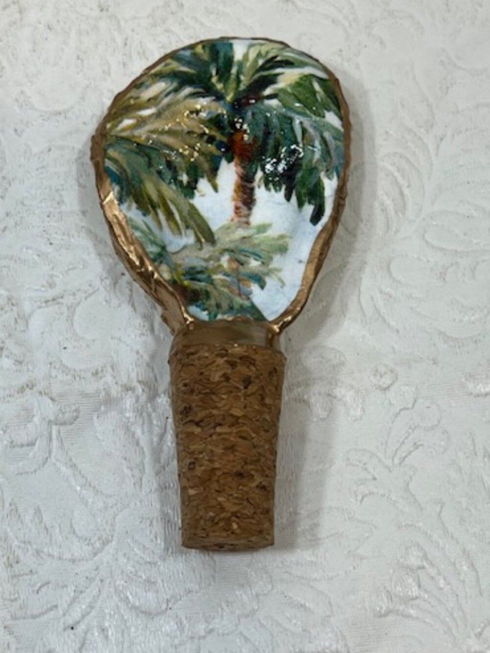 Handcrafted Decoupage Real Oyster Shell Bottle Stopper Tropical Palm Tree Design